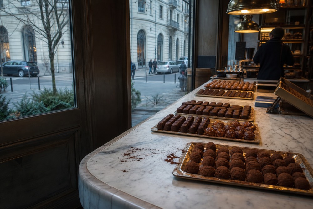 Assorted artisan chocolates and Christmas sweets arranged on a marble counter