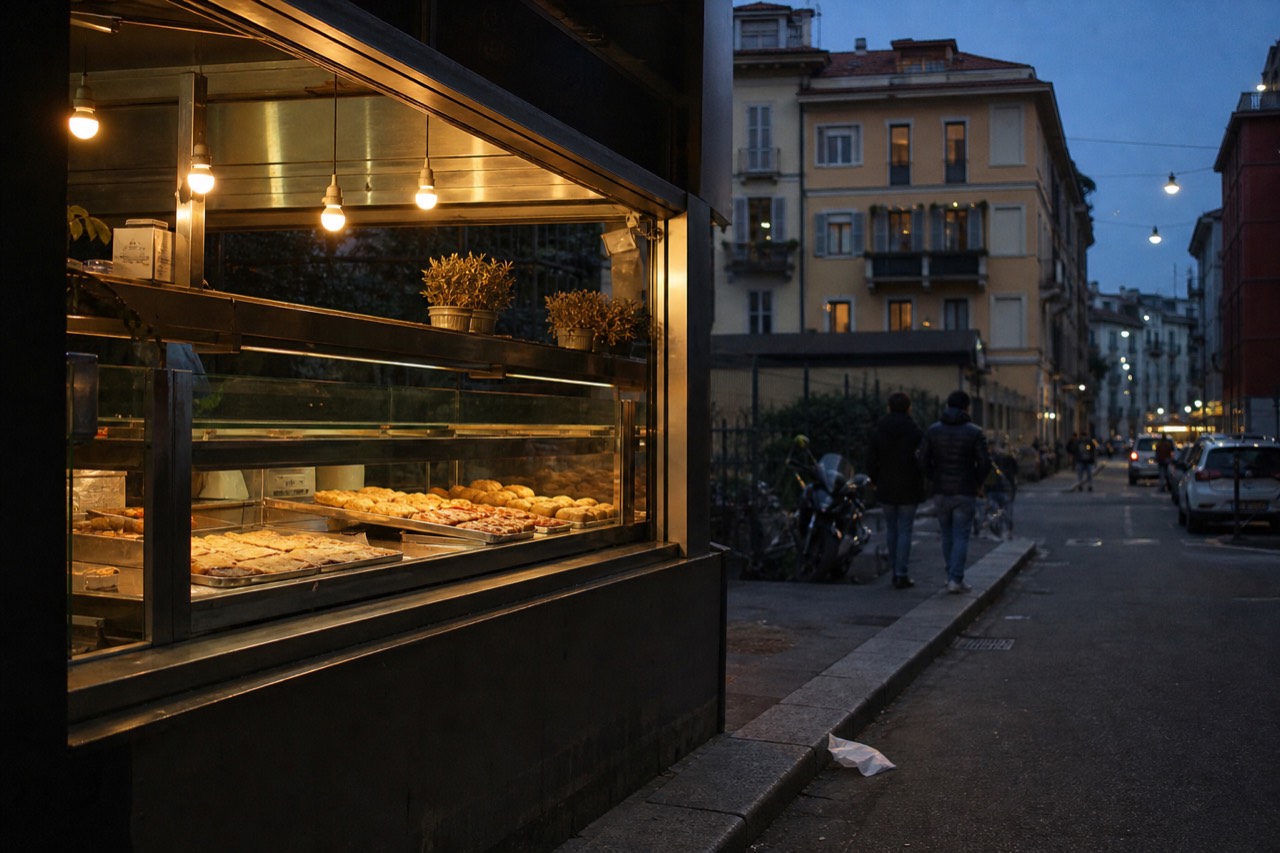 A Milan street food stall counter with trays of focaccia and fried snacks under warm lights