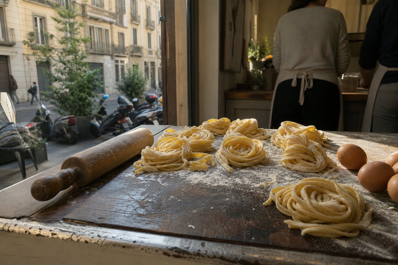 Fresh tagliatelle pasta arranged on a floured wooden board beside eggs and a rolling pin