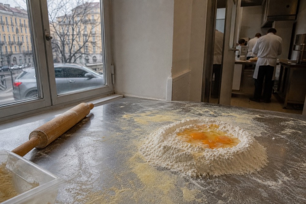 A kitchen worktop with flour, eggs and a rolling pin arranged for a pasta making lesson