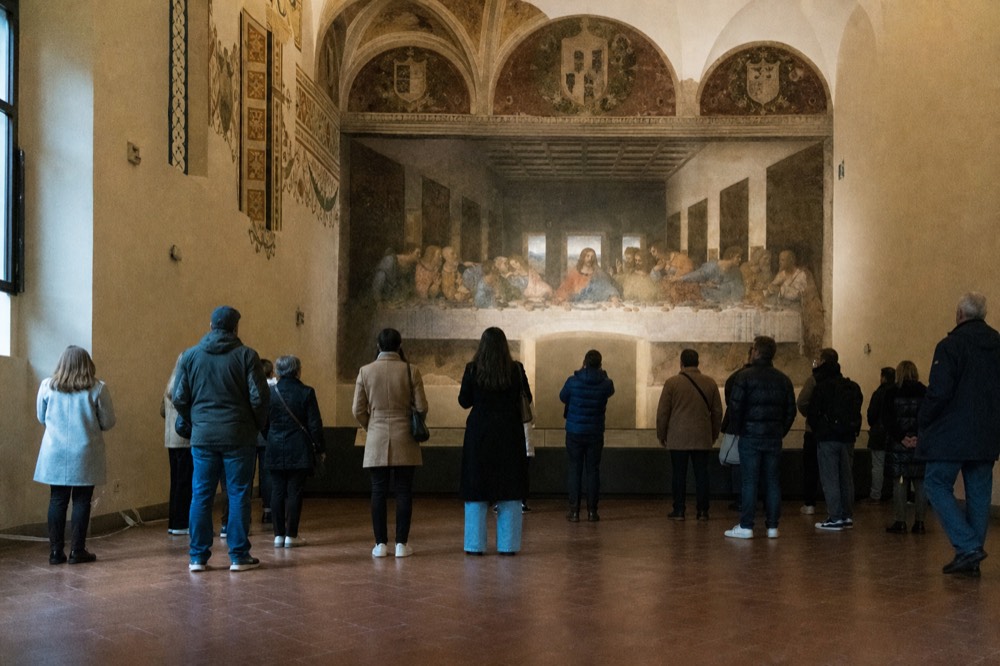 The refectory wall bearing Leonardo da Vinci's Last Supper fresco in Milan