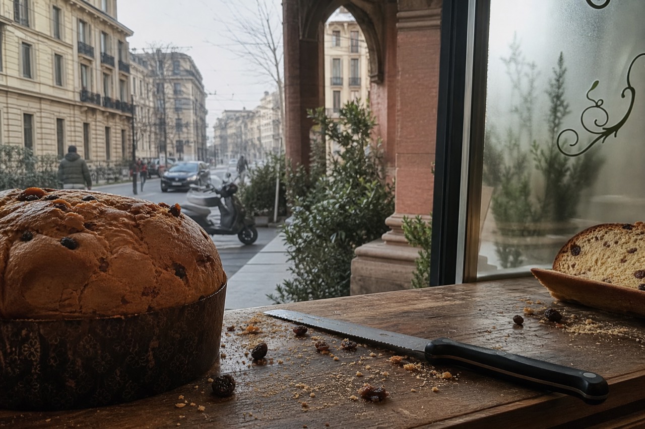 A tall domed panettone with a cracked top crust resting on a wooden bakery counter beside a bread knife