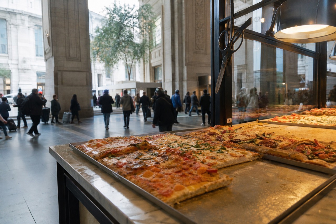 Freshly baked rectangular pizza slices displayed on a marble counter in a Milan bakery