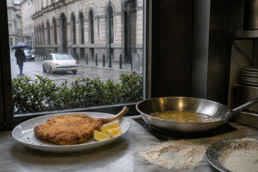 A thick breaded veal chop on the bone with lemon wedges on a white plate