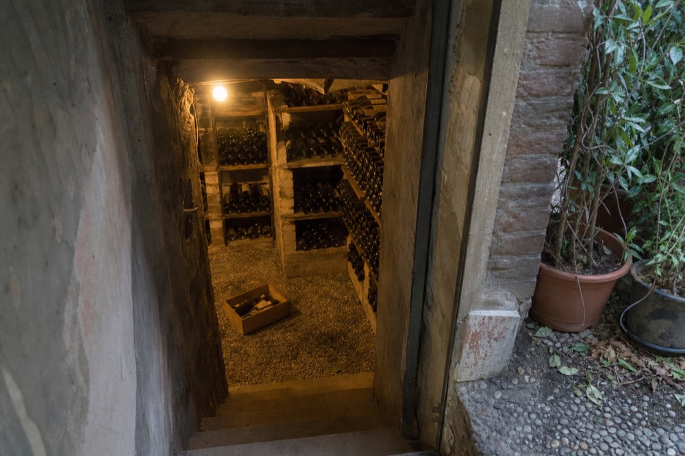 Rows of wine bottles stacked in a dimly lit urban cellar