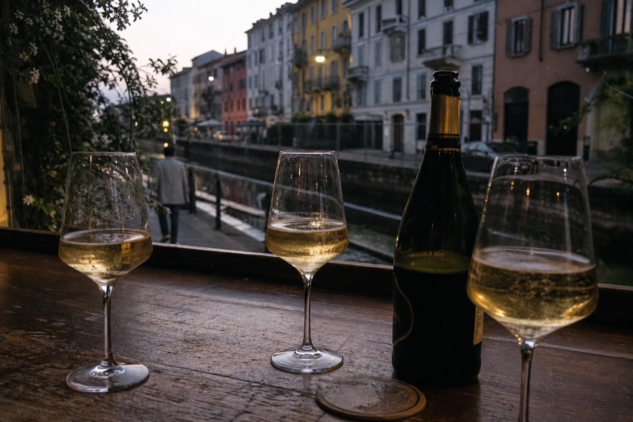 Glasses of sparkling wine on a wooden counter in a Milan wine bar